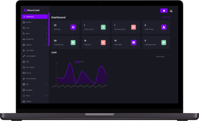 Bigo Live clone admin dashboard screen displaying platform statistics