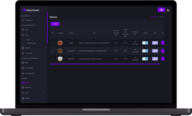 Bigo Live clone admin game management screen with gaming categories