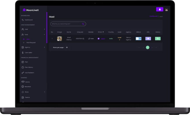 Bigo Live clone admin host management screen showing broadcaster profiles