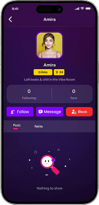 Bigo Live clone creator profile screen with follower statistics, and social actions