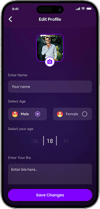 Bigo Live clone profile editing screen with avatar settings, age selection, bio details, and account customization options