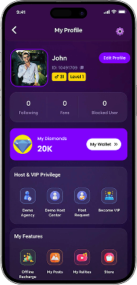 Bigo Live clone user profile screen displaying account details