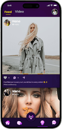 Bigo Live clone video feed screen featuring creator posts