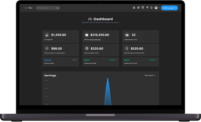 Fansly clone creator dashboard screen with earnings summary