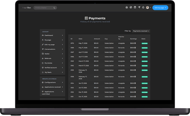 Fansly clone creator payments screen with earnings records
