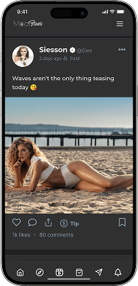 Fansly clone premium content feed screen with creator posts, and engagement actions