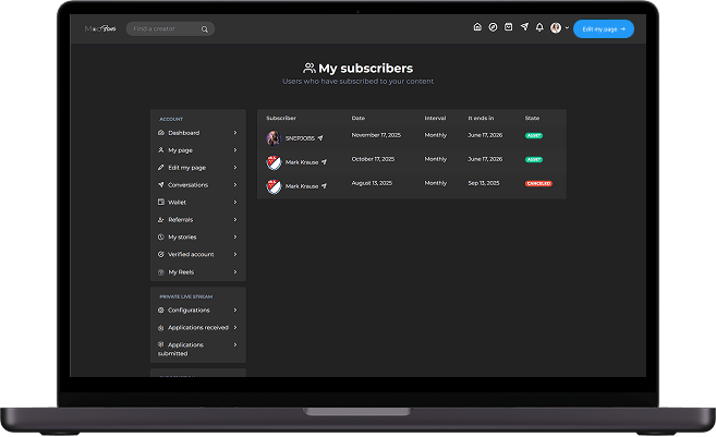 Fansly clone subscriber management screen with active subscribers