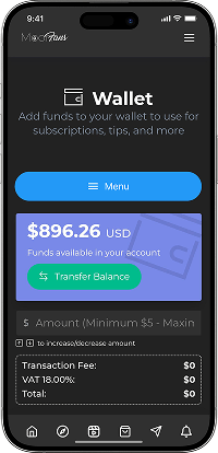 Fansly clone wallet screen with account balance, fund management, and subscription payments