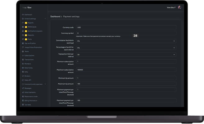 Fanvue clone admin payment settings screen