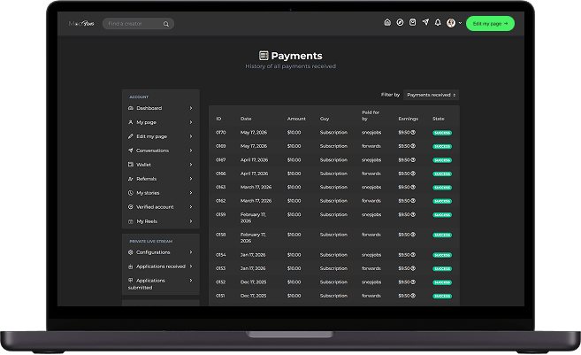 Fanvue clone creator payments screen