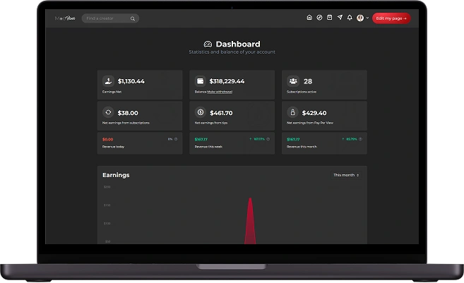 OnlyFans clone creator dashboard screen with earnings overview