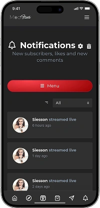OnlyFans clone notifications screen with subscriber updates, live stream alerts, content activity
