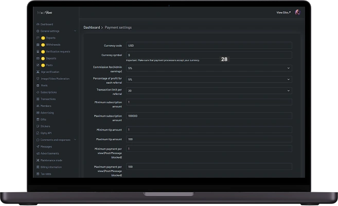 OnlyFans clone payment settings screen with commission configuration