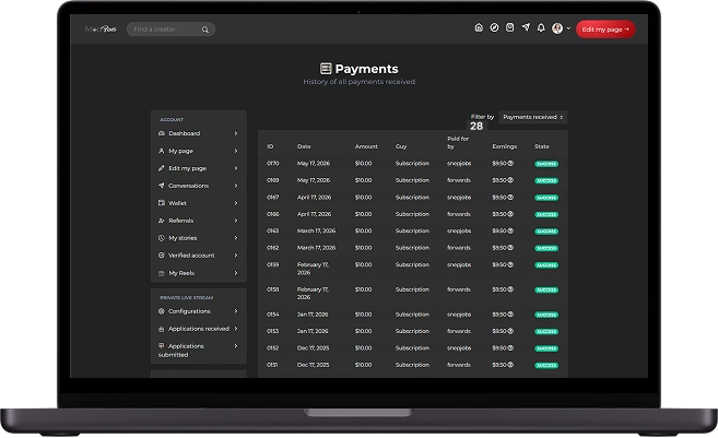 OnlyFans clone payments screen with transaction history