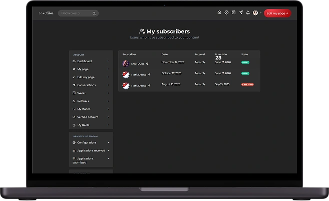 OnlyFans clone subscriber management screen with active subscribers