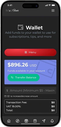 OnlyFans clone wallet screen with account balance, fund transfers, subscription payments