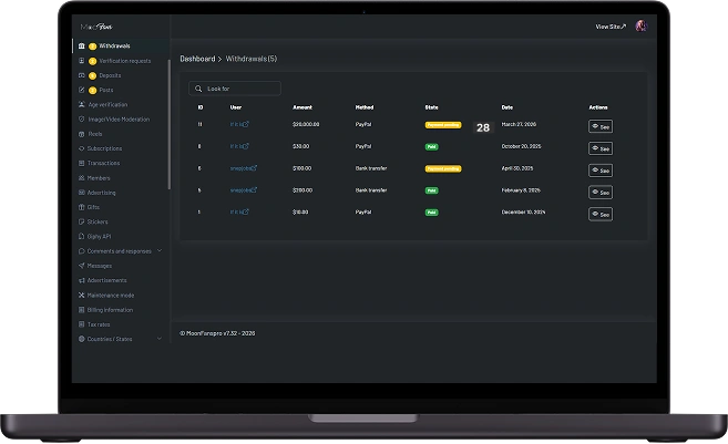 OnlyFans clone withdrawal management screen with payout requests