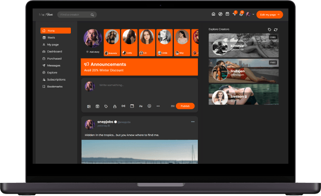 Patreon clone creator home feed screen featuring content publishing