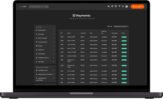 Patreon clone creator payments screen displaying transaction history, subscription earnings, and payment records