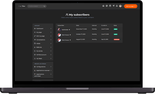 Patreon clone creator subscribers screen showing active memberships
