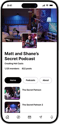 Patreon clone podcast membership page with creator profile