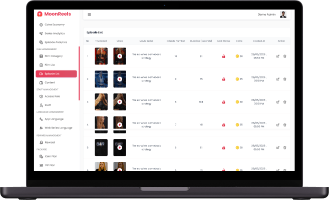 ReelShort clone admin episode management screen listing short drama episodes
