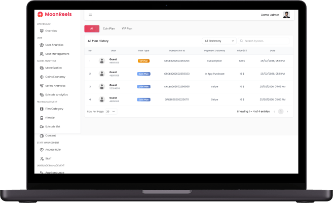 ReelShort clone admin plan history screen displaying coin plans