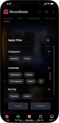 ReelShort clone user app filter screen for browsing short dramas by category