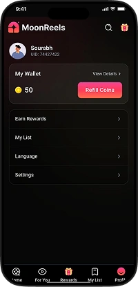 ReelShort clone user app profile screen with wallet balance