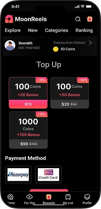 ReelShort clone user app wallet recharge screen displaying coin packages