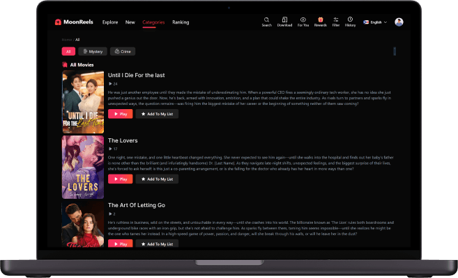 ReelShort clone web categories screen listing short drama series by genre with movie details and watch options