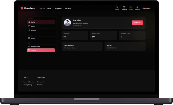ReelShort clone web user profile screen displaying wallet balance