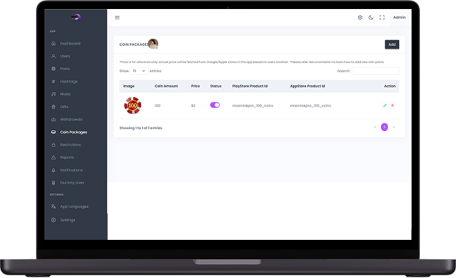TikTok Clone creator management panel showing influencer profiles, account details, and platform administration tools