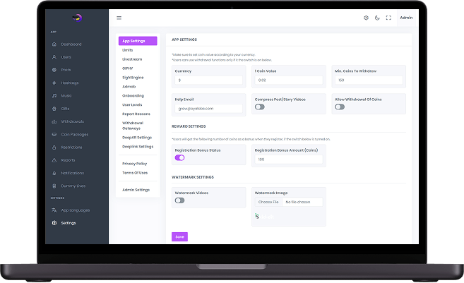 TikTok Clone platform settings dashboard with configuration options, monetization settings, and system controls