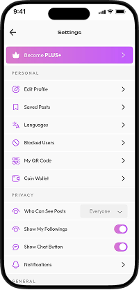 TikTok Clone settings screen with profile management, notifications, language, and privacy options