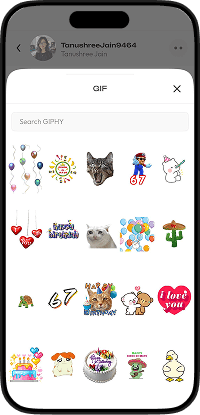 Triller clone GIF selection screen with animated sticker library, content search, and media reaction options