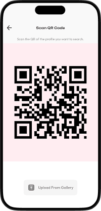 Triller clone QR code scanner screen with profile sharing, QR code access, and user discovery functionality