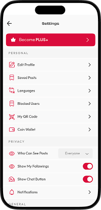 Triller clone account settings screen with profile preferences, and privacy controls, language settings