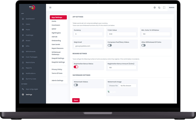 Triller clone admin application settings screen with platform configuration options