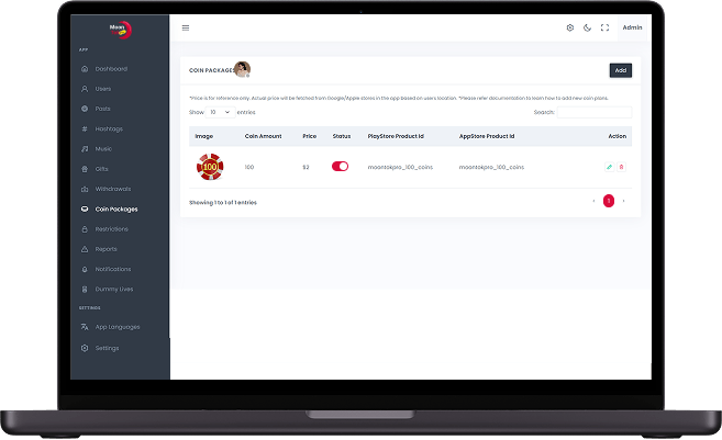Triller clone admin coin package management screen showing virtual currency plans