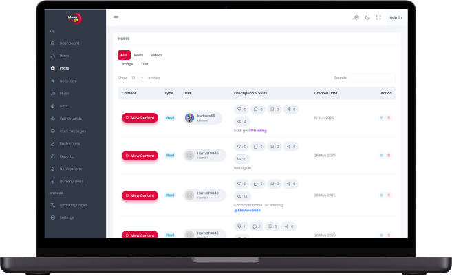 Triller clone admin content management screen with reels, videos, and posts listing