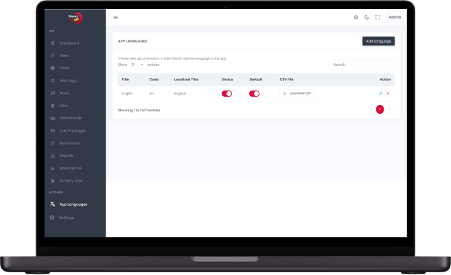 Triller clone admin language management screen displaying localization settings