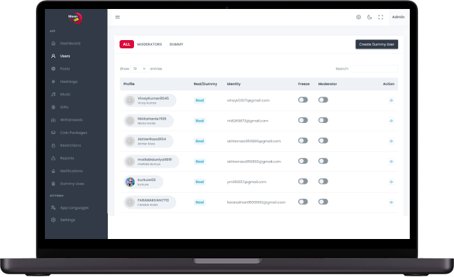 Triller clone admin user management screen displaying user accounts, and moderator controls