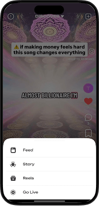 Triller clone content creation menu screen with feed posting