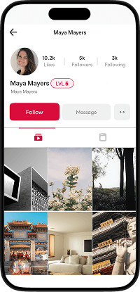 Triller clone creator profile screen with follower statistics, and content gallery