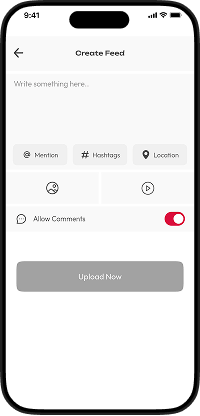 Triller clone feed creation screen with post composer, hashtag tagging, and location sharing