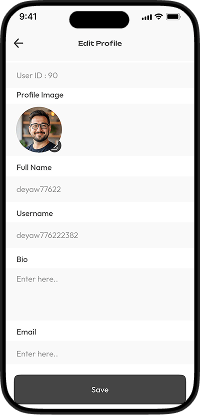 Triller clone profile editing screen with account information management