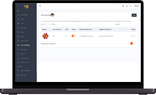 Clapper clone admin coin package management screen for configuring virtual coin pricing and in-app purchases