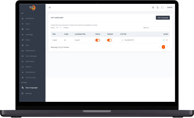 Clapper clone admin language management page for adding, editing, and managing multilingual app translations