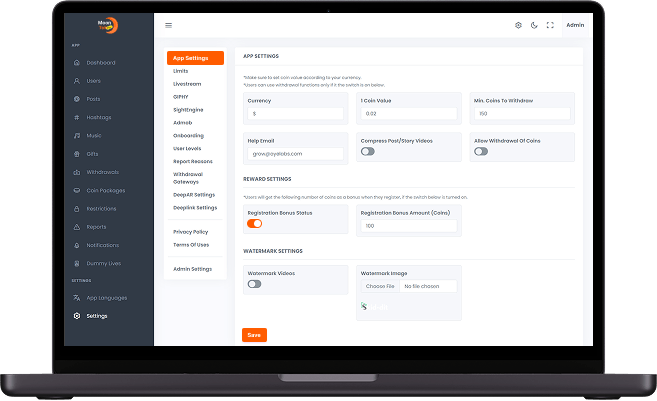 Clapper clone admin settings panel for configuring livestreams